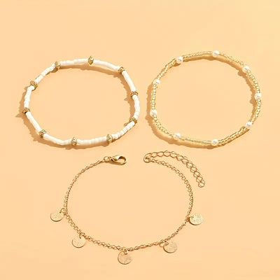 Ensemble de Bracelets de Cheville Superposés 3 Pièces | Or