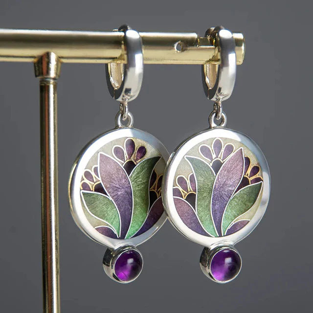 Boucles d'oreilles Vintage Boho avec Cristaux Violets | Or Blanc