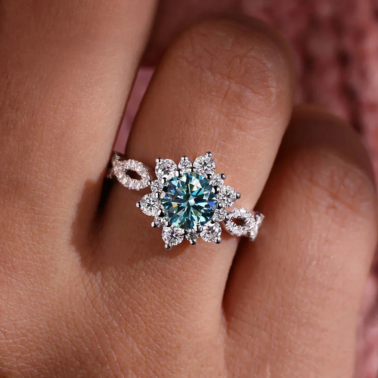 Bague Fleur en Cristal Turquoise | Or Blanc